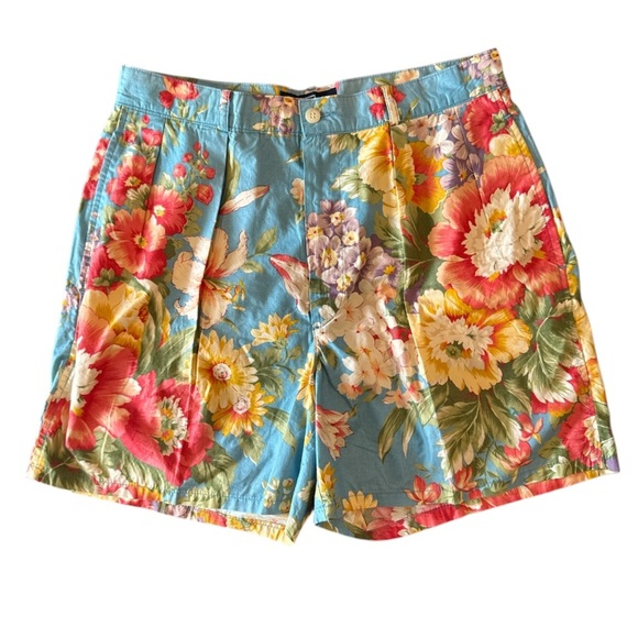 Polo Ralph Lauren Pants - 90’s Polo by Ralph Lauren Floral Pleated Blue Muti Cotton Mom Shorts Size M